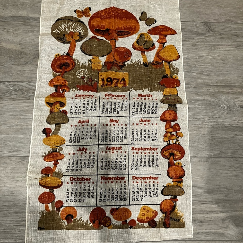 Vintage 1974 Mushroom Calendar Wall Hanging